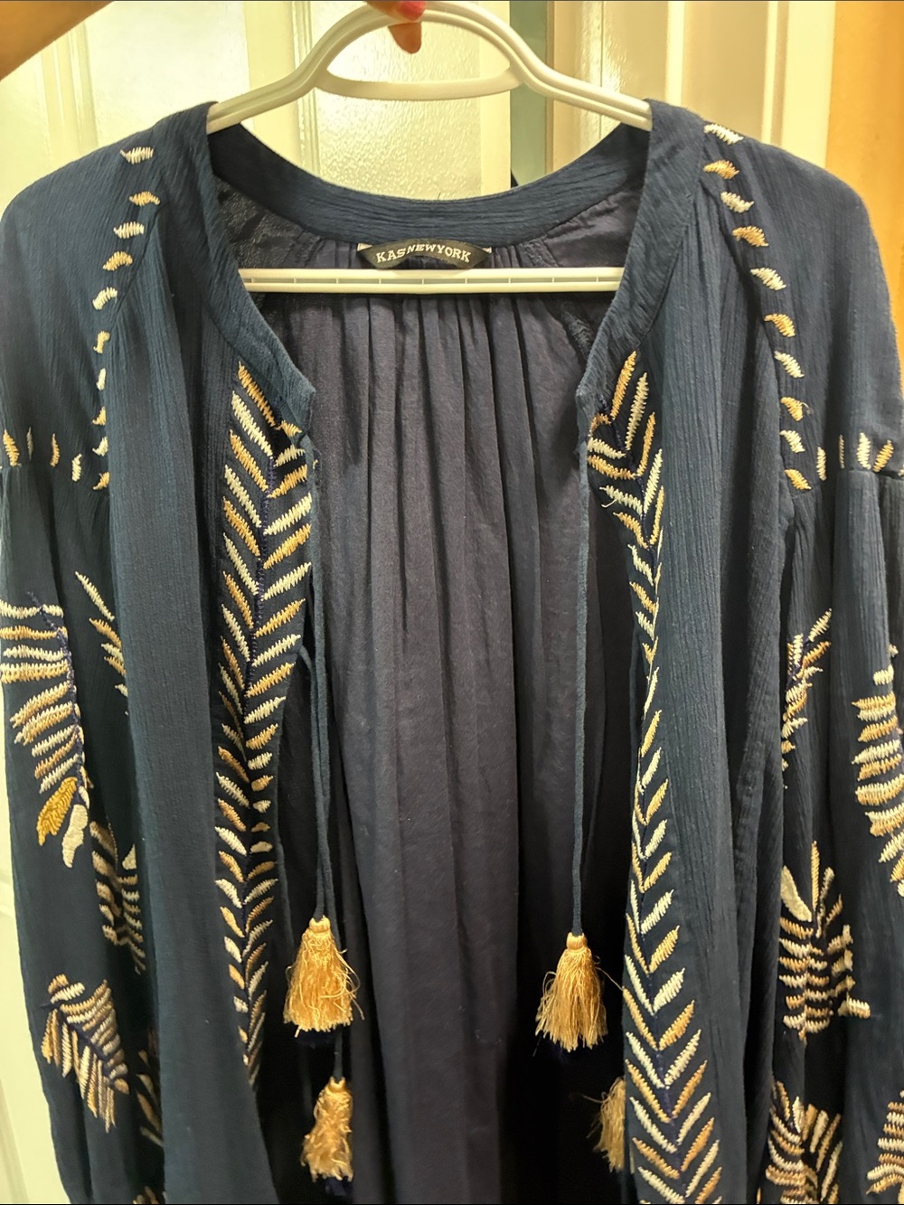 AKA New York Navy Cardigan with Gold Embroidery and Tassels